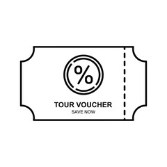 Line art icon of a tour voucher with a percentage symbol, representing travel deals, isolated on white