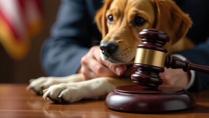 A dog sitting next to a judge's gavel, ideal for legal or courtroom-themed uses