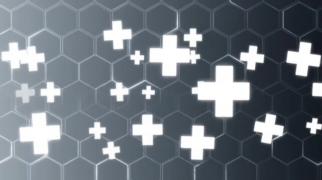 Abstract Gray Background with White Plus Signs and Hexagonal Grid Pattern Technology Theme and Medical Concept Background