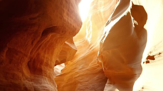 An awe-inspiring, immersive journey through a majestic slot canyon, revealing the mesmerizing beauty of sculpted sandstone formations. Golden sunlight streams dramatically from above, casting ethereal