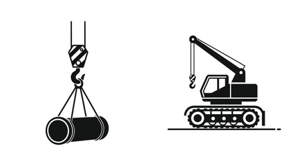 Construction equipment a crane lifting heavy cylindrical pipes with a crawler