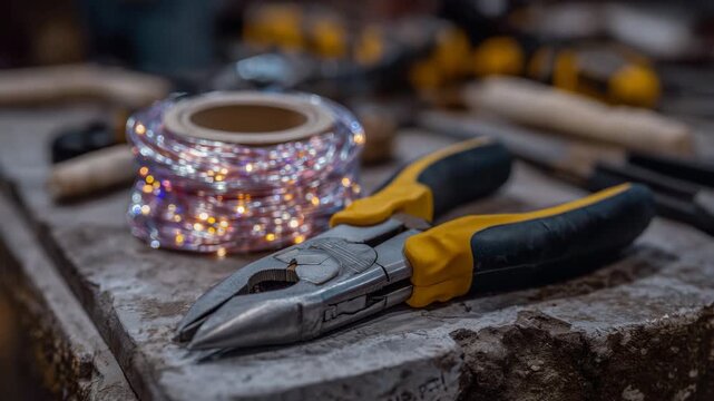 107High-detail macro shot of electrician&rsquo;s tools arranged on a rugged metal workbench, pliers slightly open, electrical tape unwound, copper wires glinting under bright task lighting