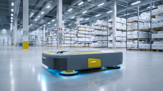 Autonomous mobile robot cleaning modern warehouse floor