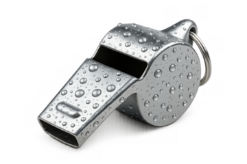 Silver metal whistle with water drops, a symbolic sports and referee accessory, on transparent background