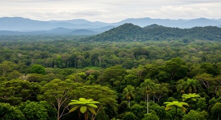 Verdant jungle landscape with layered, misty mountains evokes serenity. Ideal for travel, environmental content, or serene backgrounds.