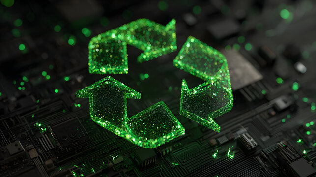 Recycling symbol glowing on circuit board with green light