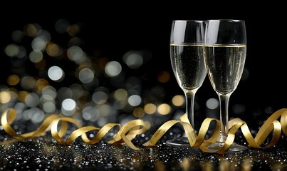 Celebratory champagne glasses and golden confetti create a festive new year scene