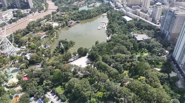 Aerial View of Xining Urban Park with River and Vegetation, Qinghai