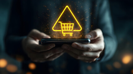Person holding phone with online shopping warning icon