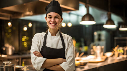 Woman chef smiling with arms crossed in professional restaurant kitchen