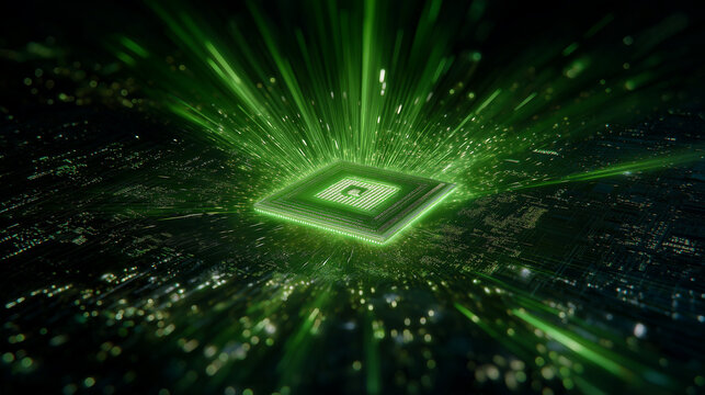 High-Performance GPU Chip Unleashing Vibrant Green Energy Technology Visualization