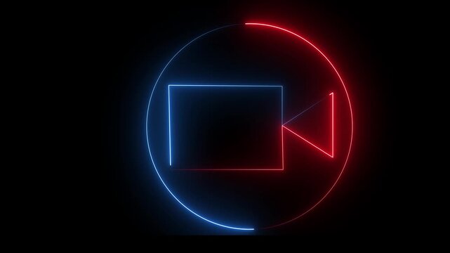 Glowing neon video camera icon ,video motion graphic animation on black background
