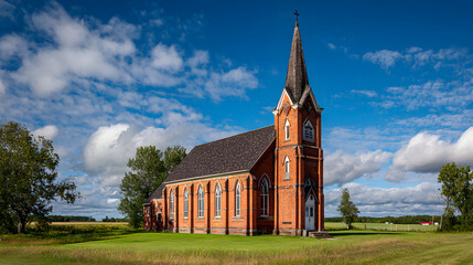 Rural red brick church standing in countryside field