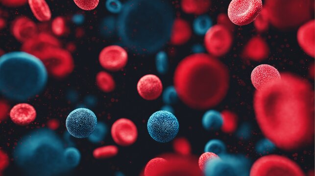 A Close-Up View of Red and Blue Blood Cells in a Microscopic Environment, Illustrating Their Unique Structures and Functions in the Human Body