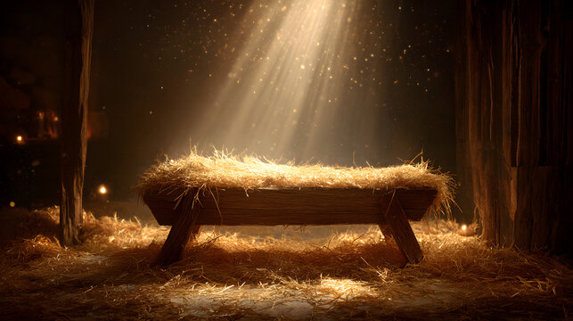 Empty manger receiving divine light during christmas nativity