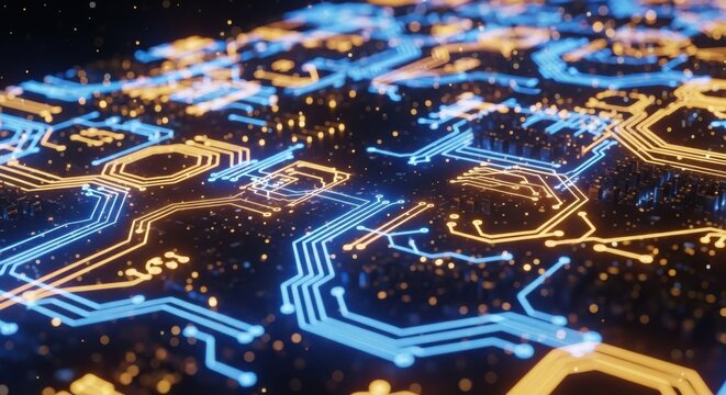 Abstract digital circuit board with glowing blue and orange lines - Powered by Adobe