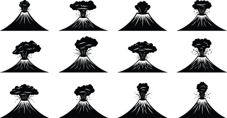 Volcano eruption silhouette set, smoking mountain icon collection, active lava crater vector, natural disaster explosion illustration, geological hazard symbol