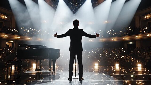 Performer on stage in front of a large audience with bright spotlights.