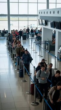 Long Queue at the Airport Check-In: Travelers Awaiting Their Turn for Boarding Passes and Security Screening in a Busy Terminal Environment