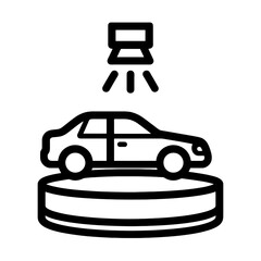 Showroom display icon with car on rotating platform under spotlight, black outline style, ideal for dealership marketing, premium auto presentation and commercial vector resources