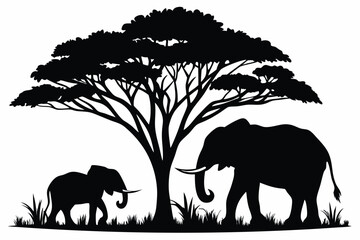 elephants under tree black and white silhouette © Pinak