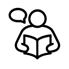 Teacher reading icon in black outline style, demonstrating class explanation or storytelling, ideal for educational apps, literacy tools and school vector designs