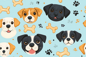 Obraz premium Vector seamless pattern with cute dogs, bones and paws on light blue. Cute dog breeds in different poses isolated on light blue background.