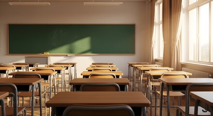 Classroom displays empty desks and green chalkboard with natural light. Perfect for education branding or back-to-school posters.