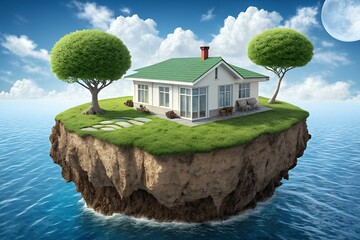 Floating island home surrounded by ocean under a cloudy sky