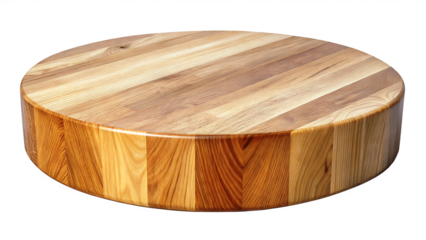 Round wooden cutting board crafted with light and dark wood strips isolated on a white background