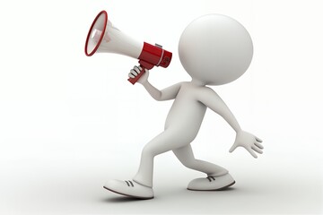 3d white figure holding a red megaphone announcing something