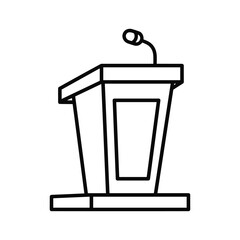 Simple black and white line art icon of a podium or lectern with a microphone, isolated on