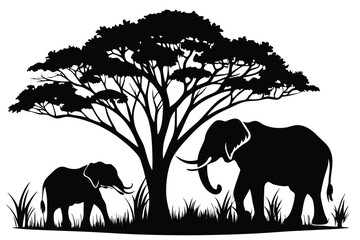 elephants under tree black and white silhouette © Pinak