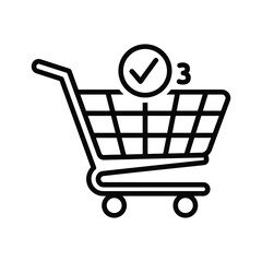 Black and white line icon of a shopping cart with a checkmark and the number three indicating a completed order or selection isolated on