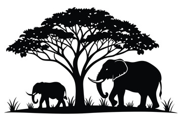 elephants under tree black and white silhouette © Pinak