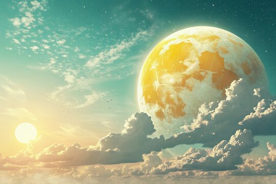 Vast celestial orb dominates dreamlike sky with radiant sun and clouds - Powered by Adobe