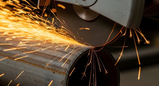 Closeup of an angle grinder cutting a metal pipe, creating a shower of bright orange sparks in a dark industrial setting