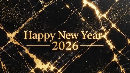 An elegant "Happy New Year 2026" message appears in shimmering gold text against a luxurious black background, richly patterned with glowing golden cracks and sparkling particles. This sophisticated a