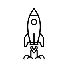 Simple black and white line art icon of a rocket launching, isolated on