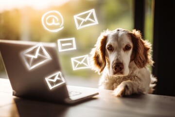 Cute dog's laptop dilemma in sunlit room. Digital attention span. The psychological pressure of unread messages and overflowing inboxes. Notification burnout signs. Dog snapshot.