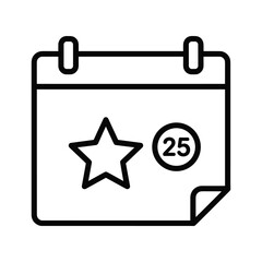 Simple black outline icon of a calendar page marked with a star and the number 25, isolated on