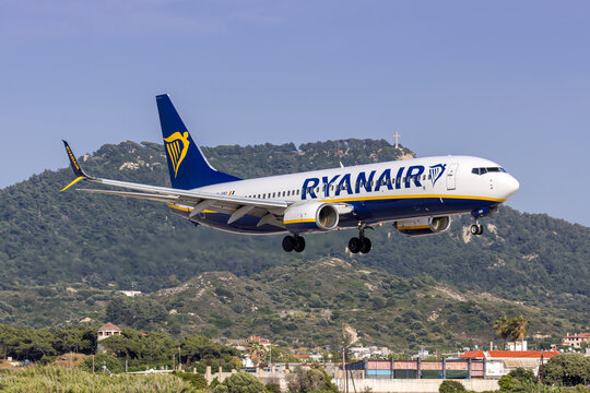 Ryanair Boeing 737-800 airplane at Rhodes airport in Greece