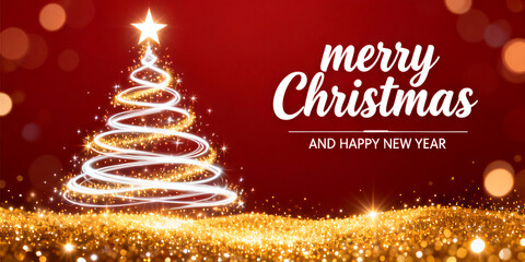 sparkling gold and silver lights xmas tree Merry Christmas and Happy New Year greeting message on red background,snow flakes,bright lights decoration.Elegant holiday season social post digital card