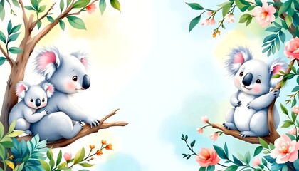 Adorable watercolor illustration of a mother koala and joey in a eucalyptus tree with a baby koala on a branch
