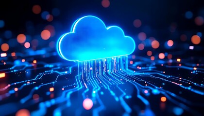 Digital cloud computing data flow abstract background with glowing blue cloud and circuitry