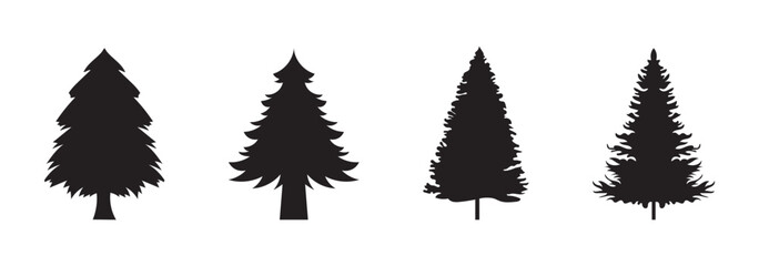 Fototapeta premium Pine tree silhouette vector set, black forest icons, stylized evergreen shapes, nature graphic elements for seasonal design, landscape illustration bundle