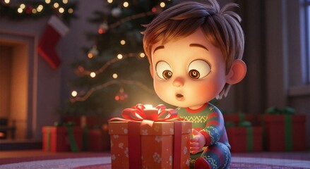 Surprised little boy staring at a glowing present on the floor by a dim Christmas tree
