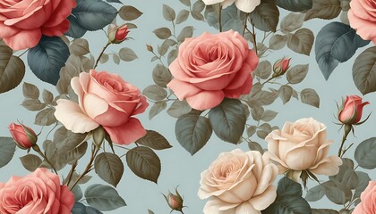 Elegant vintage rose pattern featuring soft pink and cream blooms with muted green foliage on a light blue background
