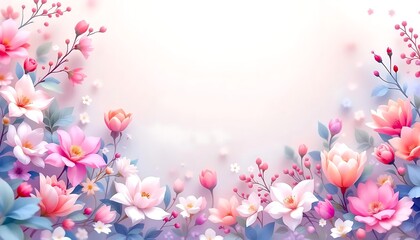 Ethereal floral arrangement with soft pink and purple blossoms creating a dreamy romantic and delicate border for a bright background