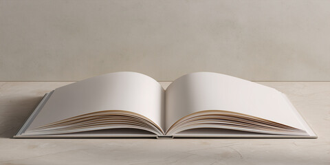 Open book with fluttering pages on minimal neutral background, soft light and calm atmosphere, elegant still life concept of knowledge and inspiration
